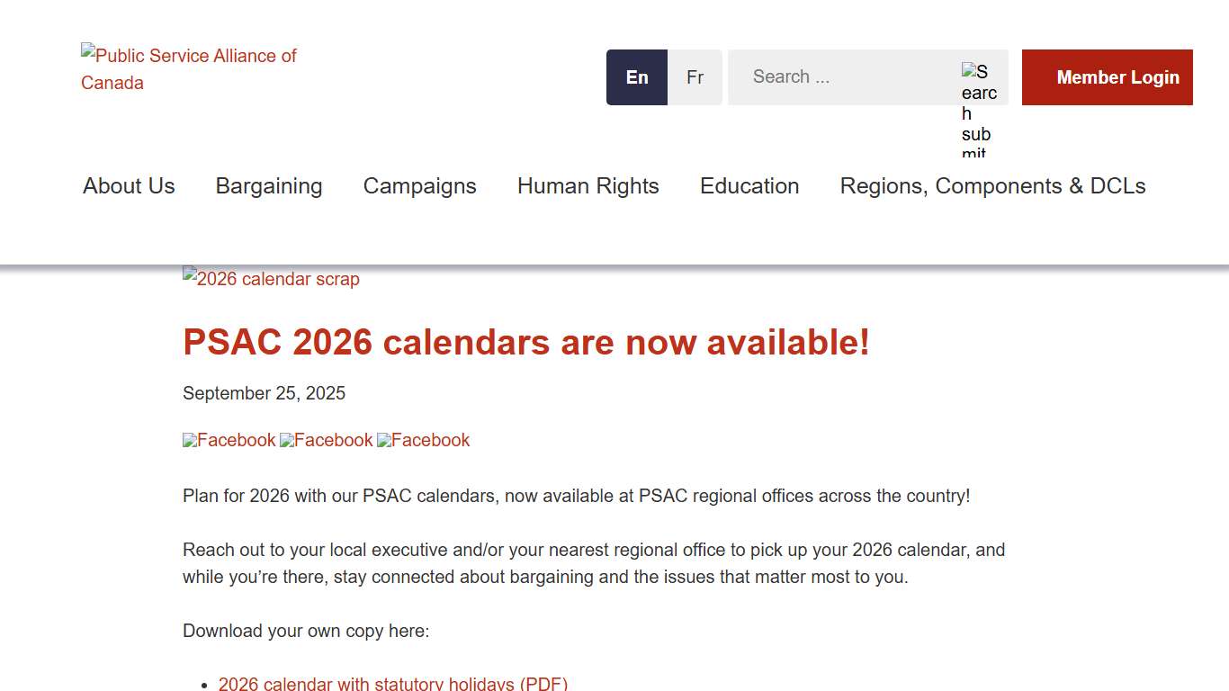 PSAC 2026 calendars are now available! Public Service Alliance of Canada